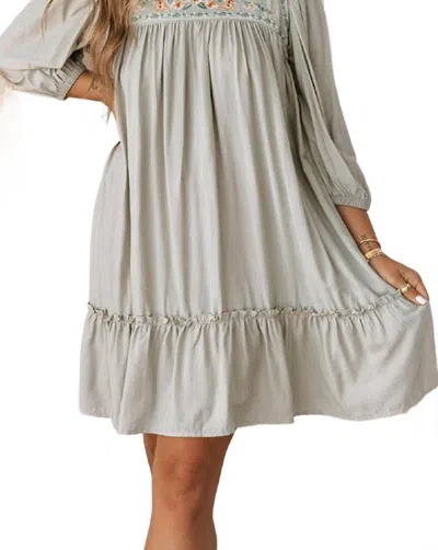Dear Lover Floral Embroidered Long Sleeve Babydoll Mini Dress In Gray In Grey