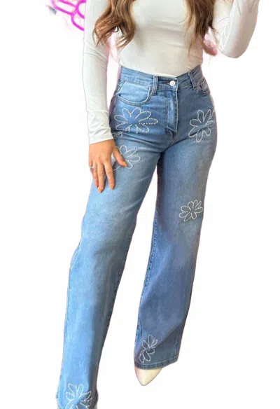 Dear Lover Floral Rhinestone Decor Jeans In Light Blue
