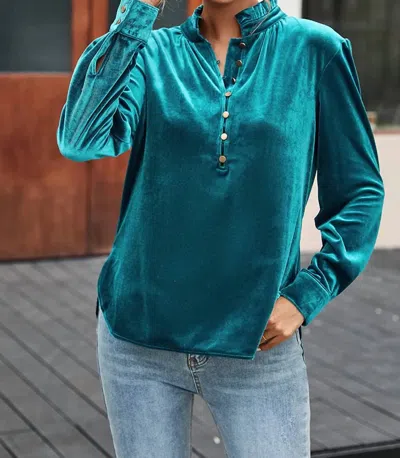Dear Lover Frilled Neck Buttoned Front Velvet Top In Green