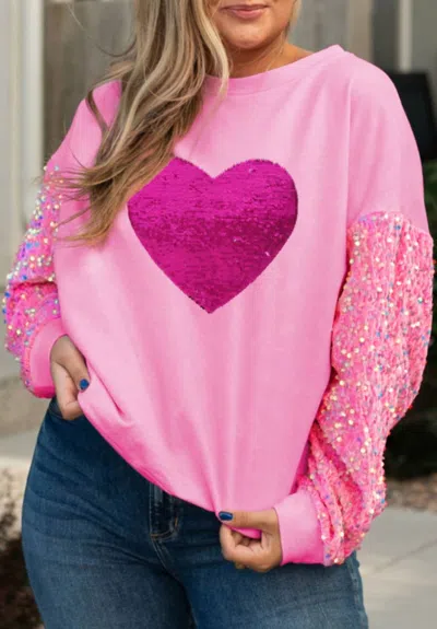 Dear Lover Glitter Heart Graphic Sequin Sleeve Sweatshirt - Plus In Pink