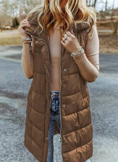 Dear Lover Hooded Long Quilted Vest Coat In Chestnut In Brown