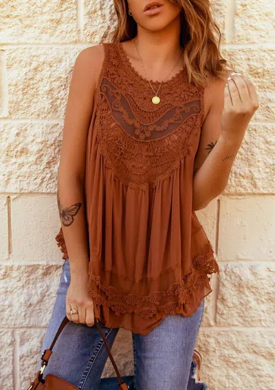 Dear Lover Lace Detail Buttons Back Sleeveless Top In Brown