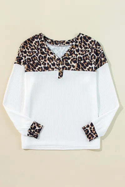 Dear Lover Leopard Waffle Knit Vneck Top In White