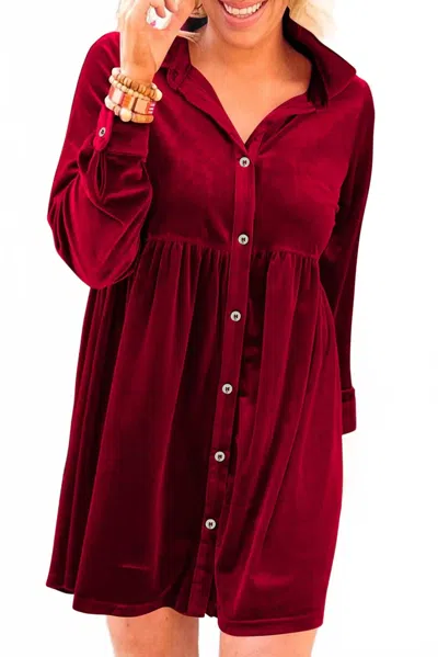 Dear Lover Long Sleeve Ruffle Velvet Button Up Dress In Fiery Red