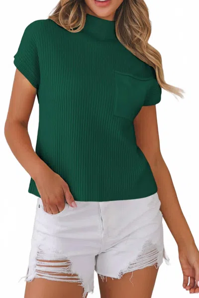 Dear Lover Patch Pocket Ribbed Knit Short Sleeve Sweater In Green