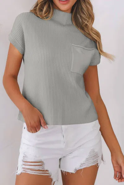 Dear Lover Patch Pocket Ribbed Knit Short Sleeve Sweater In Grey In Gray