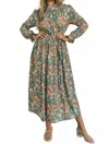 Dear Lover Pleated Long Sleeve Maxi Floral Dress With Tie In Green In Green