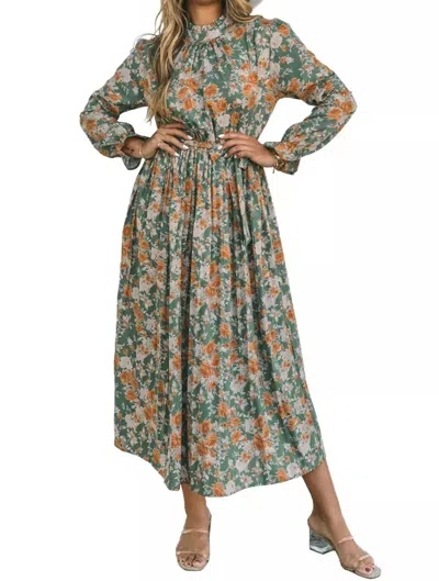 Dear Lover Pleated Long Sleeve Maxi Floral Dress With Tie In Green