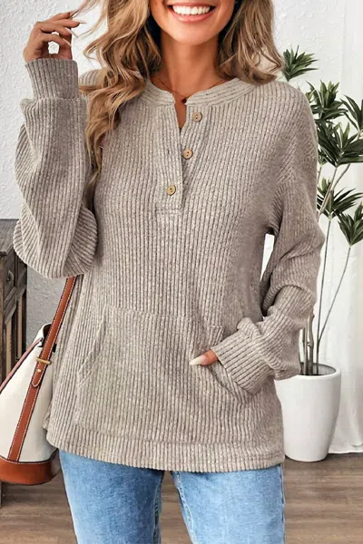 Dear Lover Ribbed Henley Top In Taupe In Gray