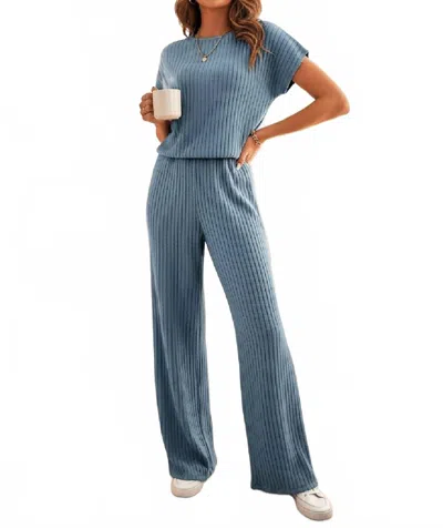 Dear Lover Ribbed Knit Short Sleeve Wide Leg Jumpsuit In Blue