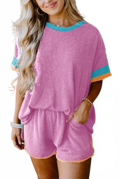 Dear Lover Ribbed Tee And Short Sets In Light Pink Multi