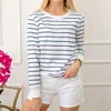 DEAR LOVER ROUND NECK STRIPED RIBBED TRIM LONG SLEEVE TOP IN WHITE