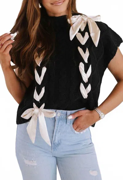 Dear Lover Satin Bow Cable Knit Sweater Vest In Black