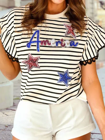 Dear Lover Sequin America Star Graphic Flutter Sleeve Top In Black Stripe In White