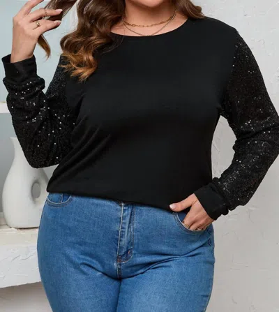 Dear Lover Sequin Contrast Long Sleeve Top - Plus Size In Black