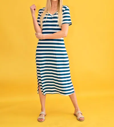 Dear Lover Short Sleeve Stripe V-neck Maxi Dress Side Slits In Blue