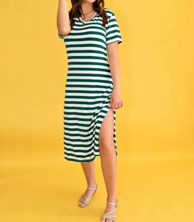 Dear Lover Short Sleeve Stripe V-neck Maxi Dress Side Slits In Green