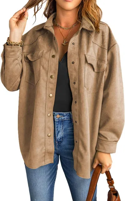 Dear Lover Snap Button Up Suede Jacket In Khaki In Green