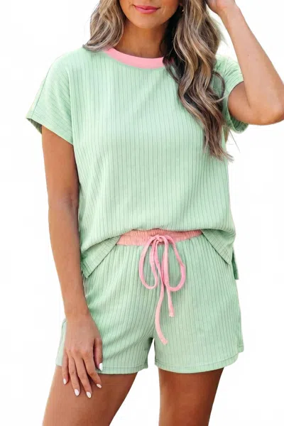 Dear Lover Soft Ribbed Color Block Trim Casual Short Set In Clearly Aqua In Green
