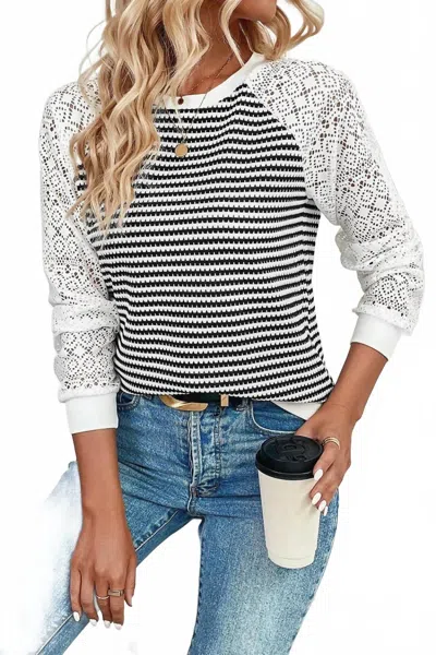 Dear Lover Stripe Knit Top With Lace Sleeves In Black And White