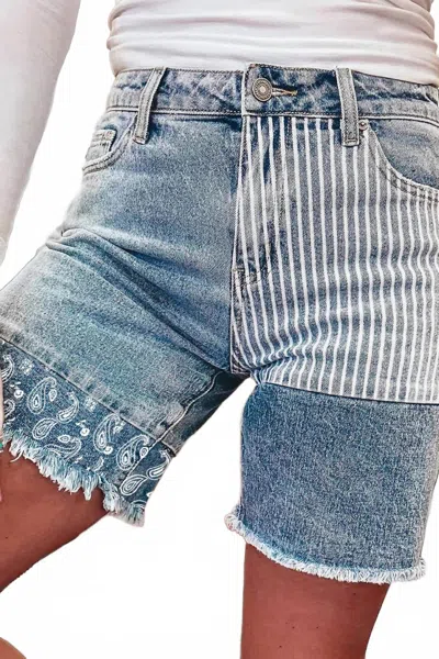 Dear Lover Stripe Paisley & Mixed Patchwork Raw Hem Shorts In Blue
