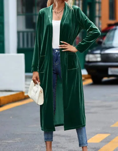 Dear Lover Velvet Open Front Pocketed Long Duster In Green