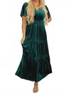 Dear Lover Velvet Short Sleeve Shirred Waist Tiered Maxi Dress In Evergreen In Green