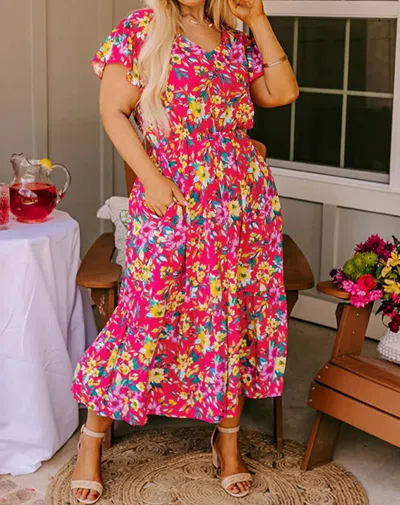 Dear Lover Vibrant V-neck Midi Dress In Pink Multi