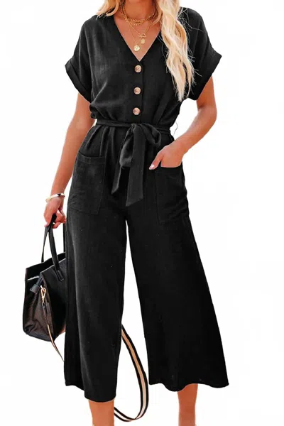 Dear Lover V-neck Button Down Wide Leg Jumpsuit In Black