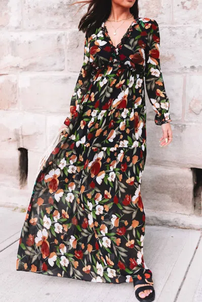 Dear Lover Wild Lotus Ruffle Tiered Maxi Dress In Black