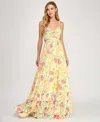 Dear Moon Juniors' Floral Ruched Cutout Gown In Yellow