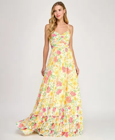 Dear Moon Juniors' Floral Ruched Cutout Gown In Yellow