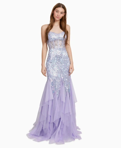 Dear Moon Juniors' Sequin Embellished Ruffle Trim Sleeveless Gown In Lilac