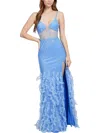 Dear Moon Juniors' Embellished Illusion-corset Feather-skirt Gown In Blue