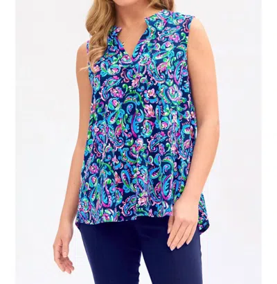 Dear Scarlett Abstract Print Mandarin Collar Sleeveless Top In Royal Blue