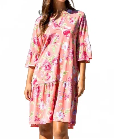 Dear Scarlett Floral Print Shirred Tiered Dress In Coral In Pink
