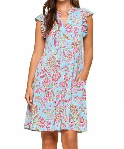 Dear Scarlett Lizzy Flutter Sleeve Tiered Dress In Aqua Pink In Multi