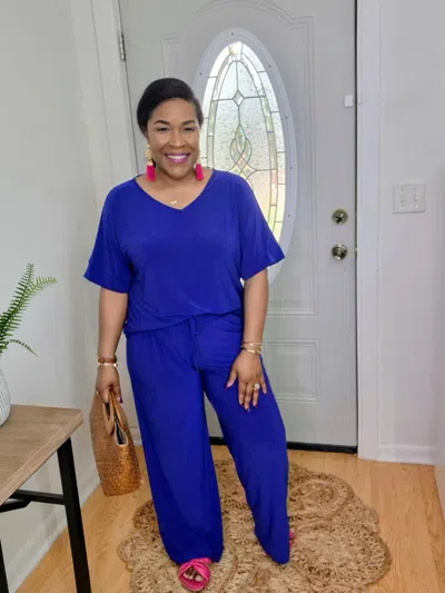 Dear Scarlett V-neckline Tunic Top And Pants Travel Set In Blue