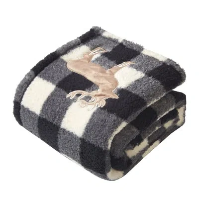 Dearfoams Black/white  Hamptons Plaid Printed Sherpa With Mink Applique Throw In Black;ivory