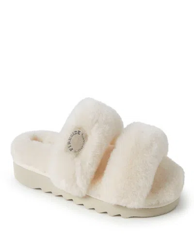 Dearfoams Fireside By  Women's Benalla Genuine Shearling Double Band Fuzzy Slide Slipper In White