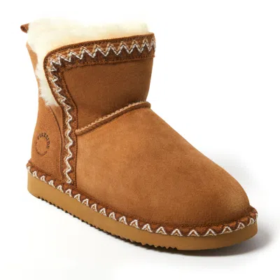 Dearfoams Fireside By  Women's Perth Genuine Shearling Fold Down Bootie With Embroidery In Brown