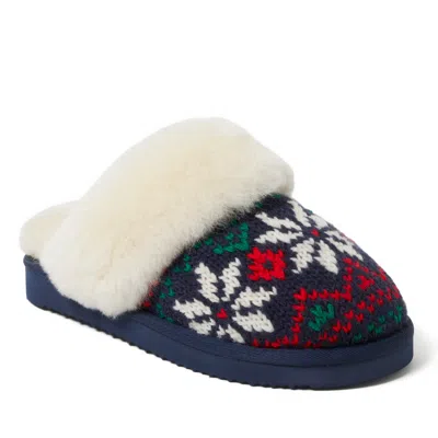 Dearfoams Fireside By  Women's Sydney Holiday Fair Isle Genuine Shearling Scuff Slipper In Peacoat