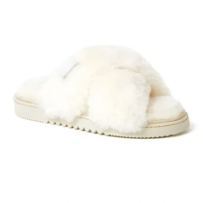 Dearfoams Fireside Newcastle Crossband Genuine Shearling Womens Memory Foam Slip-on Slippers In White