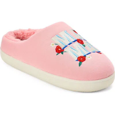 Dearfoams 'mama' Embroidered Faux Fur Lined Slipper In Pink