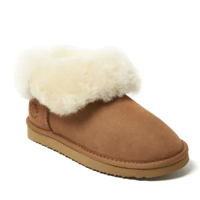 DEARFOAMS WOMEN'S FIRESIDE BY DEARFOAMS PERTH GENUINE SHEARLING FOLDOVER BOOT SLIPPER