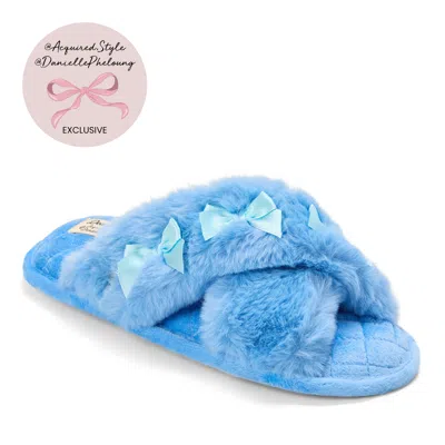 Dearfoams Women's Jessica Furry Crossband Slide Slipper In Blue