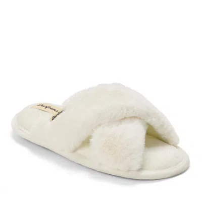 Dearfoams Women's Jessica Furry Crossband Slide Slipper In White