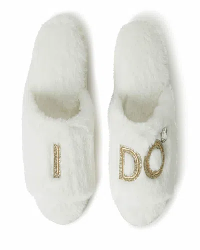 Dearfoams Women's Lane Bridal I Do Fuzzy Slide Slipper In White