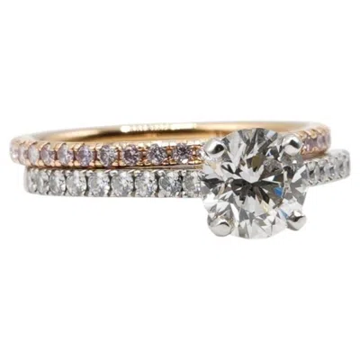 Pre-owned Debeers Gia Certified  Platinum Engagement Ring & Rose Gold Eternity Band Set In Red
