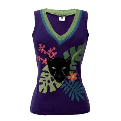 Deborah Lindquist Eco Lifestyle Women's Pink / Purple Black Panther Applique Sweater In Pink/purple